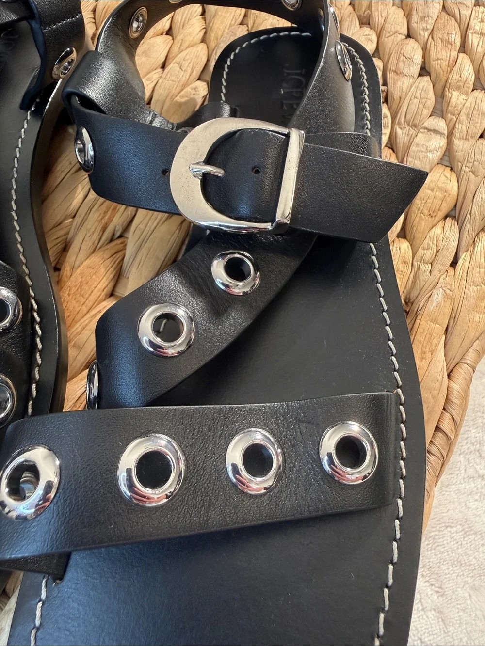 J.Crew Black Leather Grommet Buckle Strappy Flat Sandals Women's Size 7